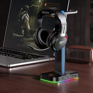 HAVIT RGB Headphone Stand Desk Dual Headset Hanger Base w Phone Holder & 2 USB